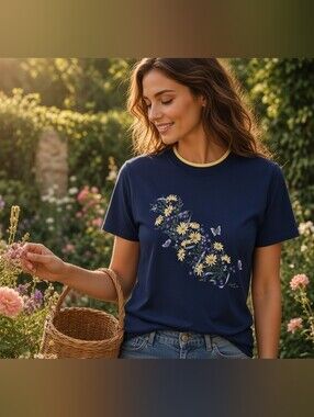 Pleasant Shade Women's Size M Butterfly Floral T Shirt Navy Blue W/Yellow Collar